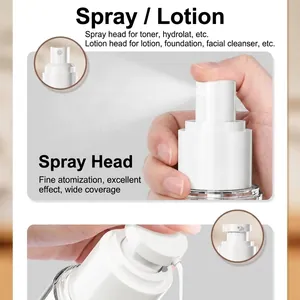 Clear portable vacuum spray and lotion pump bottle set for travel toiletry storage