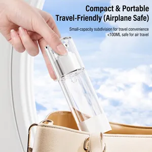 Clear vacuum travel spray bottle for cosmetics and lotions being put into a bag