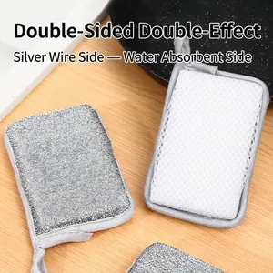 Dual-sided silver wire mesh dish sponge for kitchen cleaning and heavy duty scrubbing