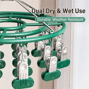 Green multi-clip sock drying rack with stainless steel clips for indoor and outdoor use