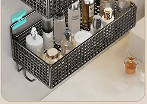 Detailed view of wall-mounted black mesh bathroom storage rack with skincare bottles