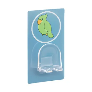 Adhesive wall-mounted cartoon toothbrush holder with parrot print and clear plastic hook