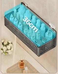 Black wall-mounted wire mesh bathroom shelf organizer 36cm wide for skincare storage detail