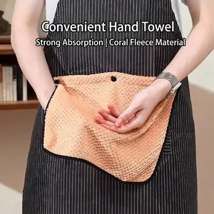 Stripe kitchen apron featuring a detachable coral velvet hand towel for quick drying convenience.