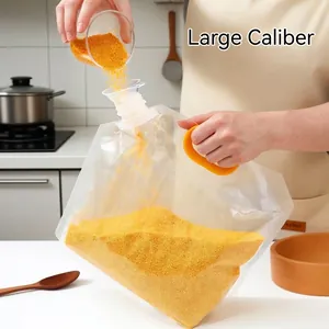 Transparent grain storage bag with yellow handle and large diameter filling spout
