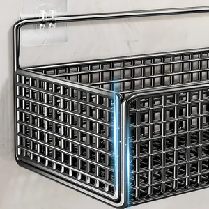 Sleek wall-mounted black metal wire bathroom storage basket with punch-free adhesive hooks