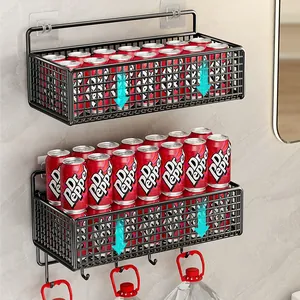 Two-tier black metal wire wall-mounted bathroom storage racks with heavy-duty adhesive hooks