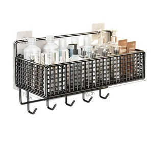Wall-mounted black metal mesh bathroom organizer shelf with five hanging hooks 36cm