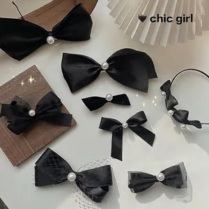 Elegant Black Mesh Bow Hair Clip For Women Sweet Satin Bowknot Hairpin With Artificial Pearl Decoration Chic French Style Hair Accessories
