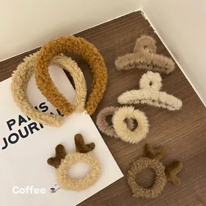 Korean Autumn Winter Faux Fur Hair Accessories Collection Lamb Wool Headband Cute Antler Hair Ring Plush Hair Claw Clip For Women