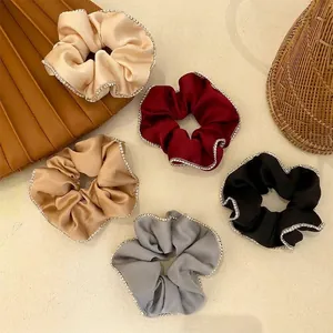 French Chic Vintage Satin Scrunchie With Rhinestone Edging For Women Korean INS Large Silk Hair Tie Elegant Decorative Scrunchies