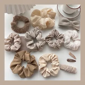 French Sweet Milk Tea Color Scrunchie Hair Tie Bowknot Clip Set For Women Autumn Winter Fabric Lace Hair Accessories