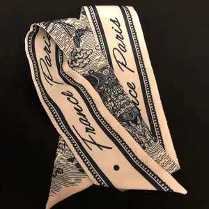 Detailansicht eines französischen Seidenschals im Toile-de-Jouy-Stil mit Paris-Schriftzug