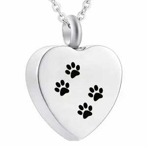 Stainless Steel Heart Pet Cremation Urn Necklace Mirror Polished Paw Print Memorial Ash Keepsake Pendant For Pet Lovers Memories