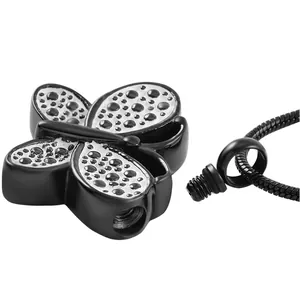 Black stainless steel butterfly cremation urn necklace with screw-open pendant detail