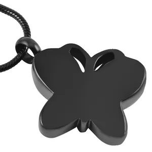 Elegant matte black stainless steel butterfly cremation necklace with a snake chain
