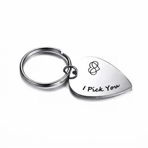Stainless steel guitar pick keychain with engraved 'I Pick You' and heart symbol gift