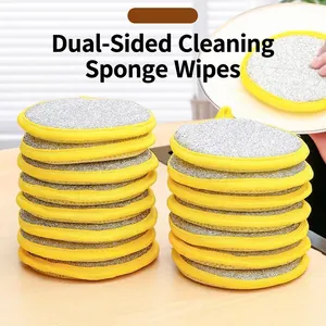 Double-sided yellow and silver round scouring pads for dishwashing and kitchen cleaning