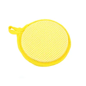 Round yellow mesh dishwashing sponge scrubber with a convenient hanging loop for kitchen
