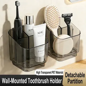 Wall Mounted Toothbrush Holder PET Plastic No Drill Bathroom Storage Rack Divided Organizer With Drain Tray Modern Vanity Shelf