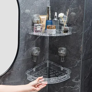 Set of transparent no-drill bathroom corner shelves for wall-mounted shower storage organizer