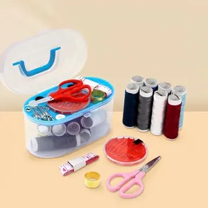 Complete portable sewing kit with multi-color thread spools and scissors in a clear case
