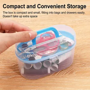 Portable multifunctional sewing kit set with various tools in a clear plastic storage box