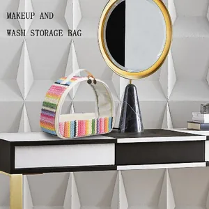 Close-up detail of rainbow woven pattern and transparent PVC panel on makeup bag