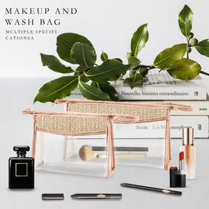 Detail view of transparent PVC makeup bags with decorative straw-woven trim