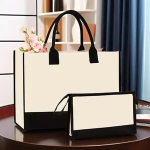 Ensemble sac cabas en toile et trousse de maquillage avec un design minimaliste bicolore chic