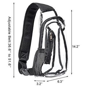 Vista detallada de bolsa de PVC transparente con dimensiones y correa ajustable