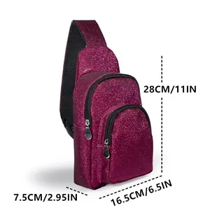 Detail view of a purple glitter chest bag showing dimensions 28x16.5x7.5 cm for reference