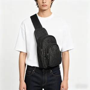 Stylish black glitter multi-pocket chest bag shown on model for a trendy casual look