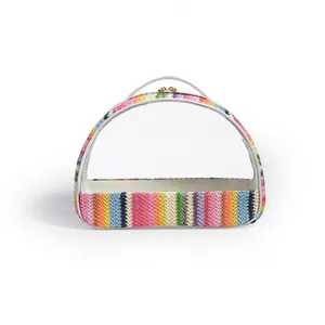 Detail of semi-circular rainbow woven makeup bag with clear PVC window and gold zipper