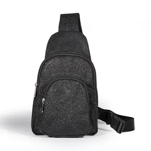 Detailed view of the sparkling black glitter multi-pocket crossbody sling chest bag