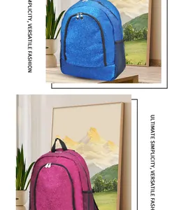 Detailed view of vibrant blue and pink glitter backpacks with large storage capacity
