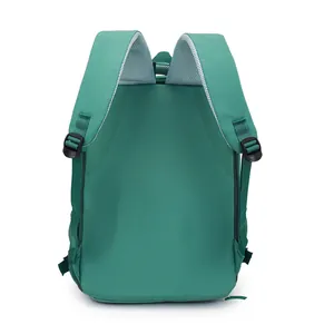 Rear view of green travel backpack showing ergonomic padded straps and mesh back panel