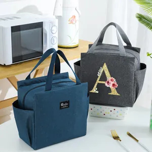 Detailed view of portable insulated lunch bags in blue and grey with side pockets