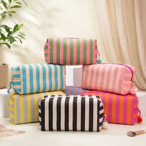 Borsa per Trucco a Righe a Contrasto ad Alta Saturazione in Stile Ins Organizer Cosmetico in Tela Ispessita Borsa da Toeletta Portatile Ottagonale