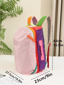 Color-block waterproof nylon backpack showing dimensions 43x27.5x23cm for travel use
