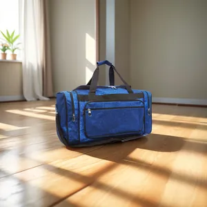 Close-up of blue glitter duffel bag with multiple pockets on wooden floor
