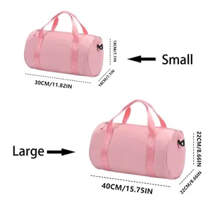 Size comparison chart of pink waterproof dance duffel bag in small and large sizes