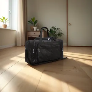 Black glitter sports gym bag placed on a sunlit wooden floor in a cozy room