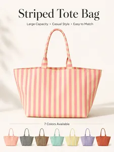 Large capacity striped canvas tote bag available in seven vibrant color combinations