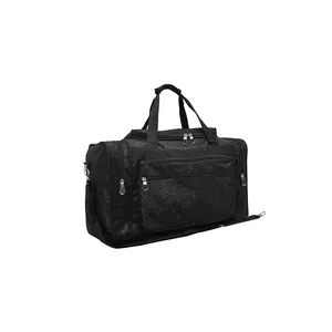 Angle view of a black glitter travel duffel bag with multiple zipper pockets