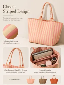 Detailed features of large capacity striped canvas tote bag with roomy interior