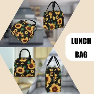 Vues détaillées du sac à lunch isolant à motif tournesol sous quatre angles