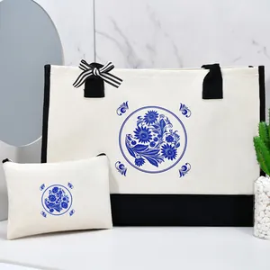 Set overview showing canvas tote bag and matching pouch with blue floral sunflower detail
