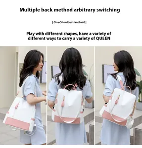 Zaino antifurto versatile bianco e rosa che mostra tre diversi stili di trasporto