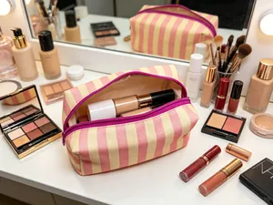 Primo piano dettagliato di una trousse da trucco in tela a righe rosa e gialle
